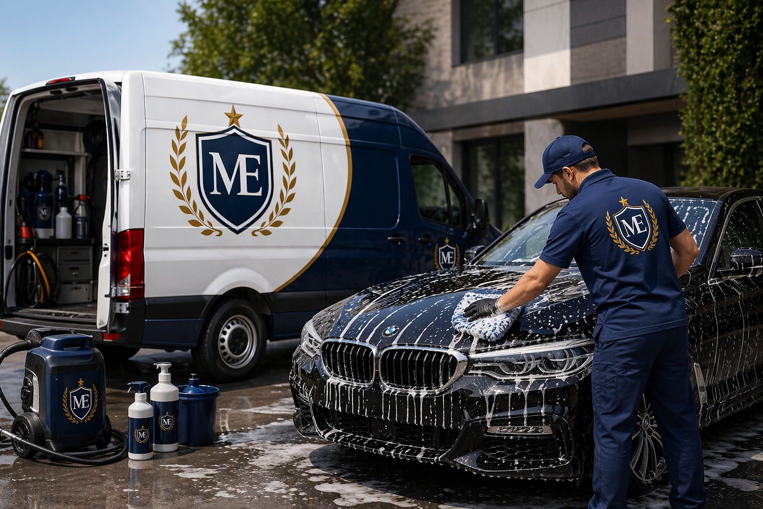 McLean Elite team member washing a luxury vehicle beside a branded van