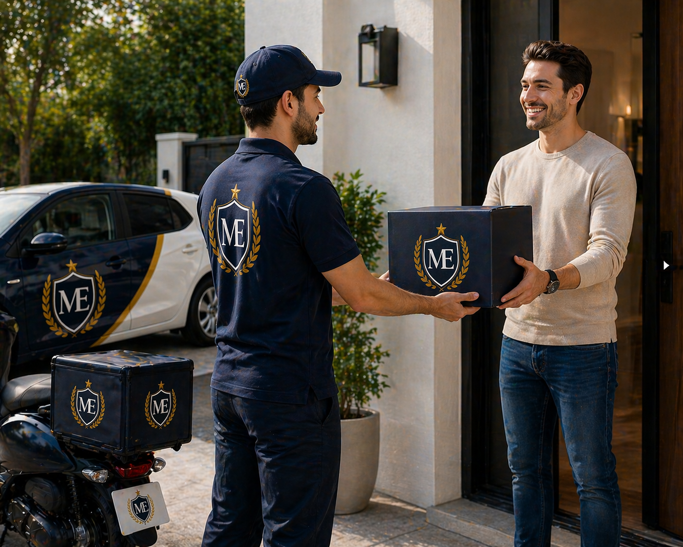 McLean Elite courier handing a delivery package to a customer