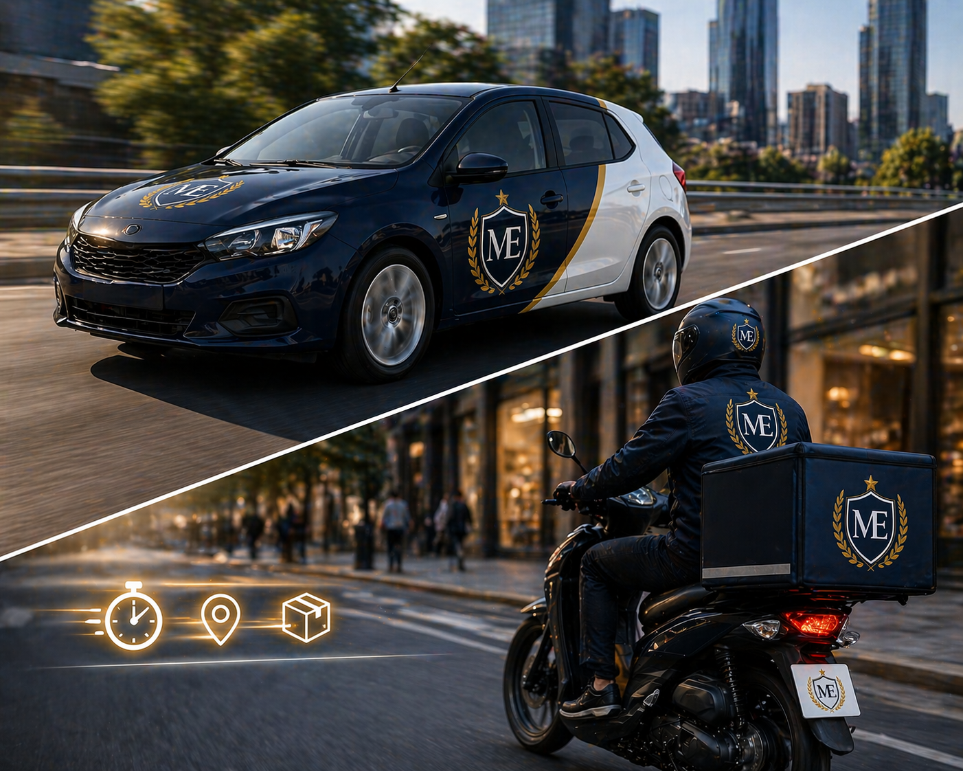 McLean Elite branded delivery vehicle and motorbike in city transit