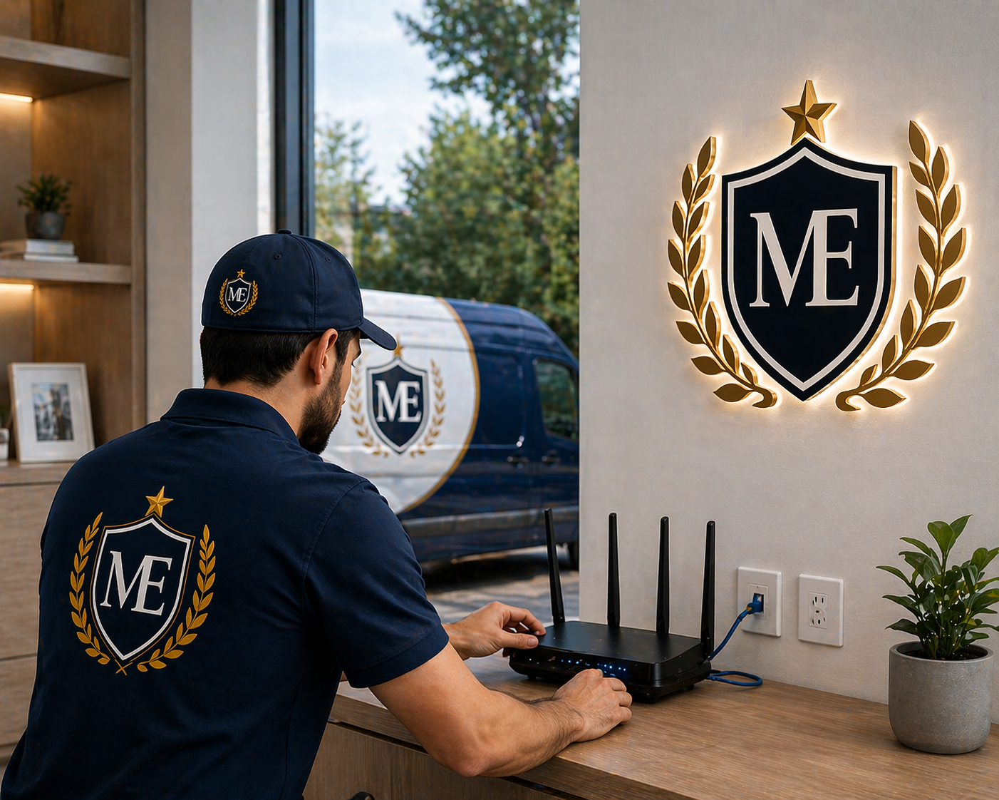 McLean Elite technician setting up an internet router indoors